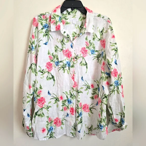 Women's Charter Club Floral Button Front Long sleeve Shirt 100% Linen XL Boho - Picture 1 of 6